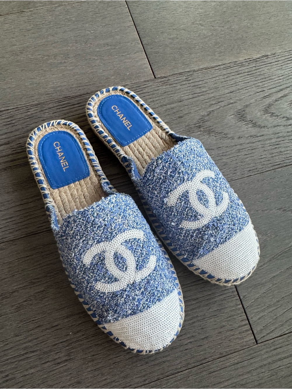 Chanel blue sequined tweed espadrille mules